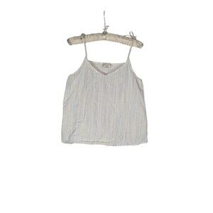 Loft Tank Top M Women's White Striped Bow Tie Spaghetti Strap Textured Vneck